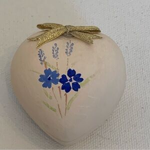 Heart Shaped Bisque Porcelain Trinket Box Blue Flowers Gold Bow Lid Vintage 2"x2
